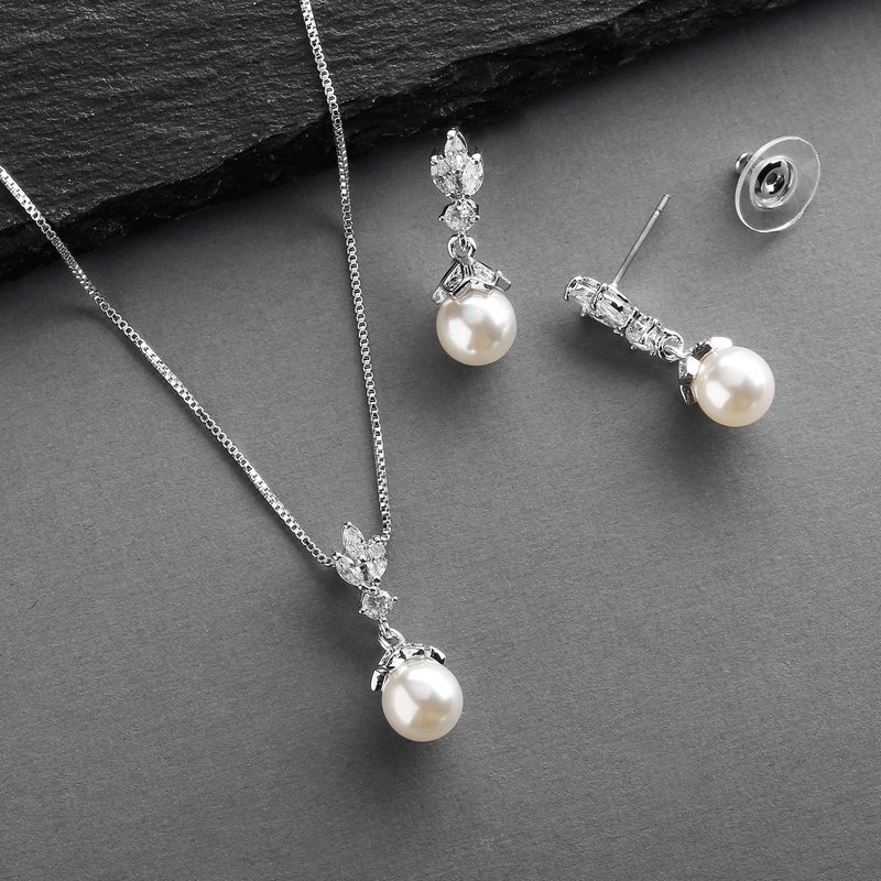Mariell Ivory Pearl Necklace and Drop Earrings Bridal and Wedding Jewelry Set for Women, Brides, Bridesmaids or Mother of the Bride, Platinum Plating, Perfect Jewelry Gift for Women - Image 3